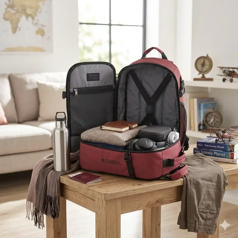 Mochila abierta de la colección Canadá sobre una mesa, con ropa y accesorios de viaje